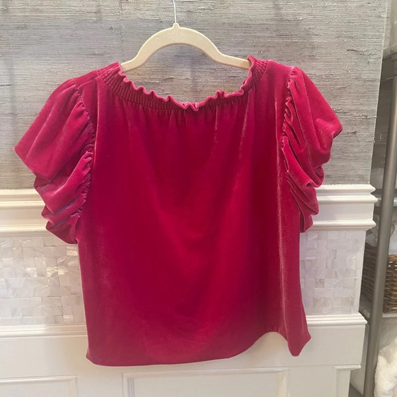 FREE PEOPLE Terese velvet puff sleeve top SMALL shirt sleeves bright pink blouse - Picture 15 of 16